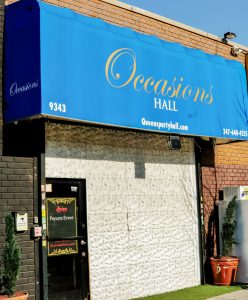 The bold blue awning of Occasions Hall welcomes you to one of Queens' most accessible and elegant event venues for private celebrations.