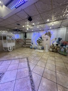 Stunning event backdrop with pastel balloon arrangements, a crescent moon prop, and dessert display — ideal for first birthdays, baby showers, and themed celebrations.